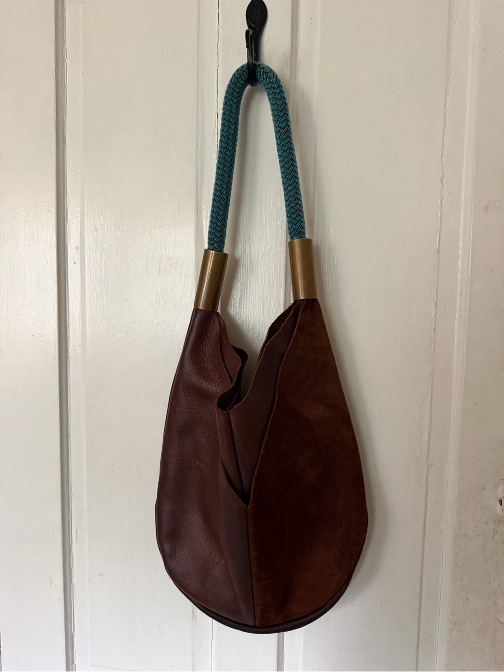 WILDWOOD OYSTER CO Brown Leather and Suede Shoulder Bag Seaside Teal Dock Rope - Picture 11 of 11